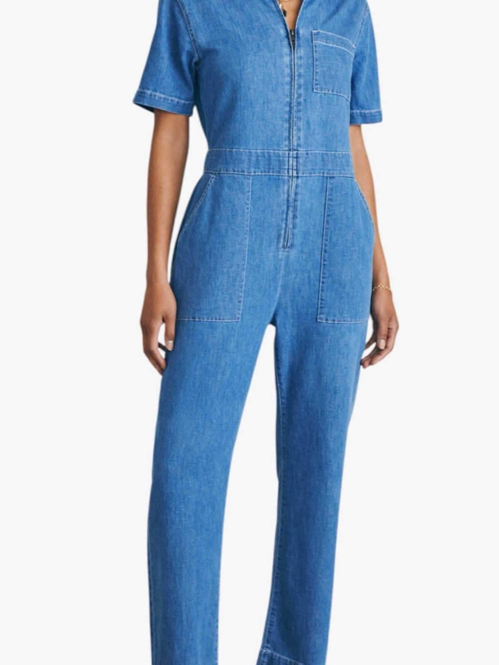 Faherty Blue Short-Sleeve Denim Jumpsuit